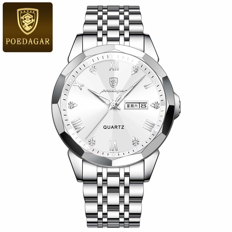 Poedagar PO810 Luminous Date Week Man Stainless Steel Wristwatch (Silver White)